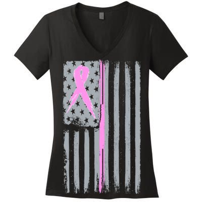 Pink Thin Line Breast Cancer Flag Women's V-Neck T-Shirt