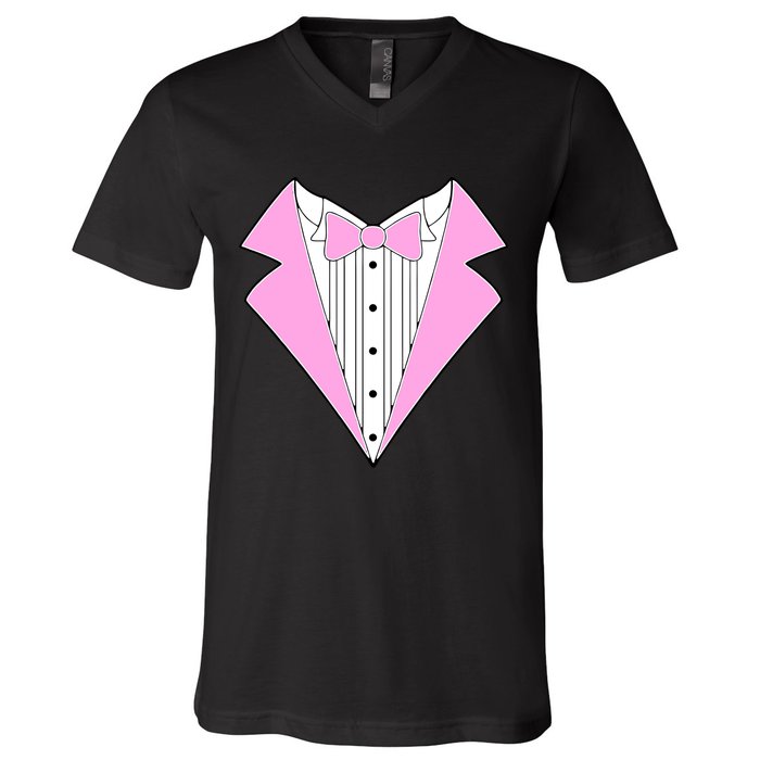 Pink Tux Party Tuxedo V-Neck T-Shirt