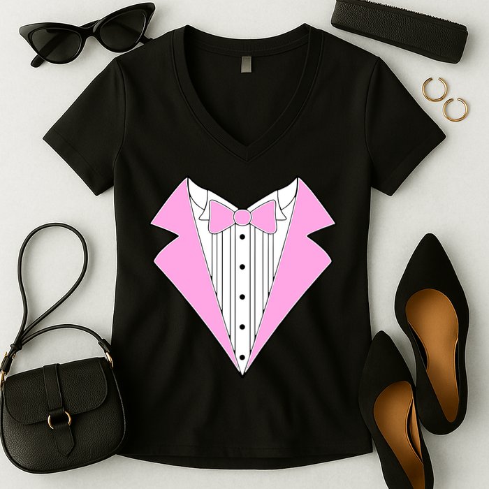 Pink Tux Party Tuxedo Women's V-Neck T-Shirt