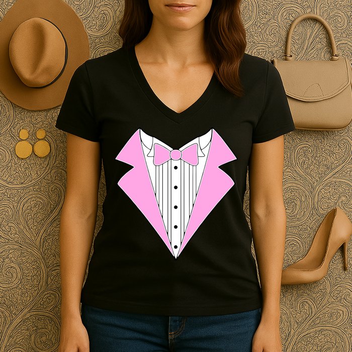 Pink Tux Party Tuxedo Women's V-Neck T-Shirt