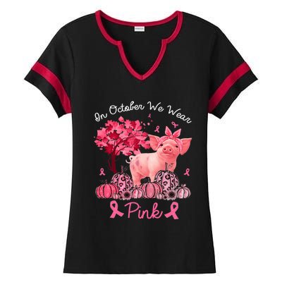 Pig In October We Wear Pink Pumpkin Breast Cancer Ladies Halftime Notch Neck Tee