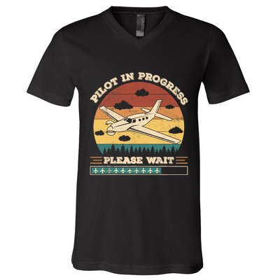 Pilot In Progress Please Wait Funny Aviation Future Pilots V-Neck T-Shirt
