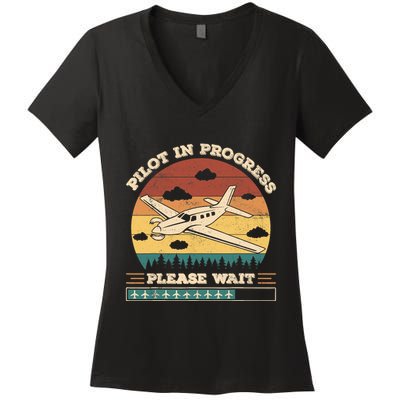 Pilot In Progress Please Wait Funny Aviation Future Pilots Women's V-Neck T-Shirt