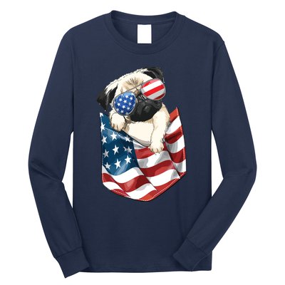 Pug In Pocket Dog 4th July Shirts Men Women Kids USA Flag Long Sleeve Shirt