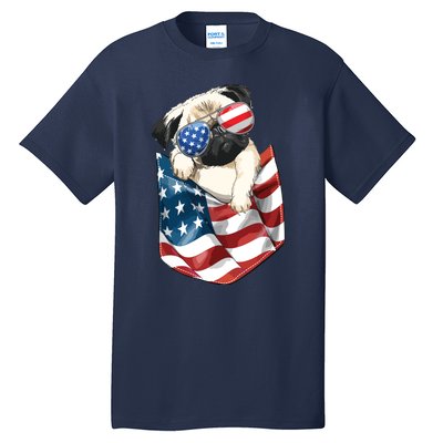 Pug In Pocket Dog 4th July Shirts Men Women Kids USA Flag Tall T-Shirt