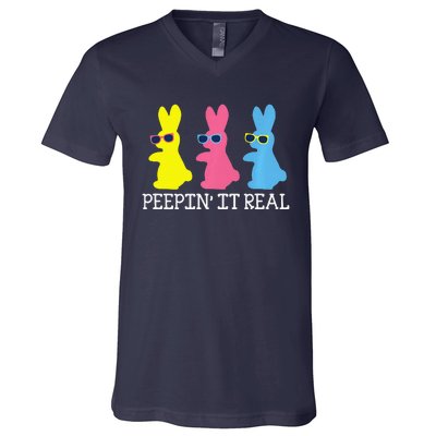 Peepin' It Real Colorful Easter Bunny Cool Gift V-Neck T-Shirt