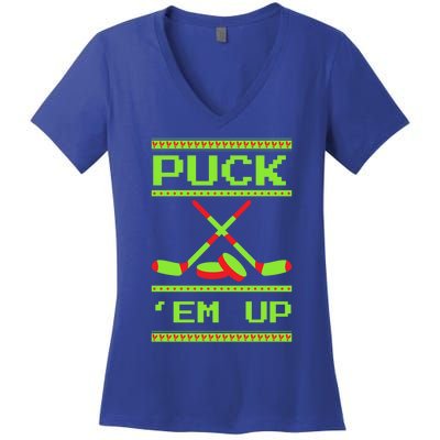 Puck Ice Rink Winter Ice Hockey Christmas Icehockey Puck Funny Gift Women's V-Neck T-Shirt