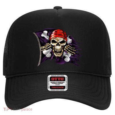 Pirate Skull Flag High Crown Mesh Back Trucker Hat