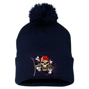 Pirate Skull Flag Pom Pom 12in Knit Beanie