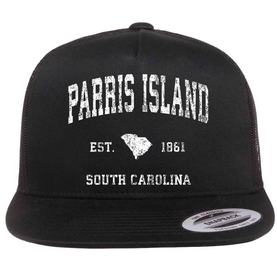 Parris Island South Carolina SC Vintage Athletic Sports Desi Flat Bill Trucker Hat