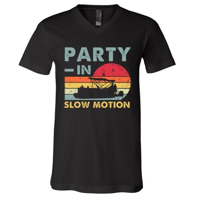 Party In Slow Motion Pontoon Boat Retro Vintage Funny V-Neck T-Shirt