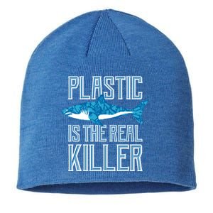 Plastic Is The Real Killer Shark Environt Save Ocean Funny Gift Sustainable Beanie