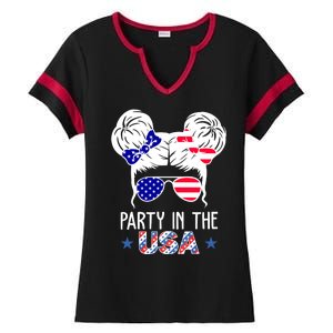 Party In The Usa Hair Bun 4th Of July Ladies Halftime Notch Neck Tee