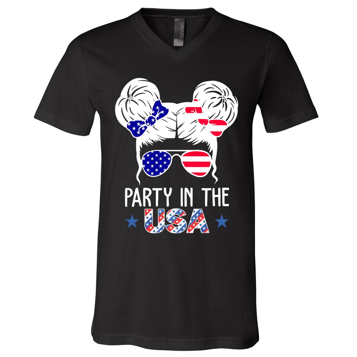 Party In The Usa Hair Bun 4th Of July V-Neck T-Shirt
