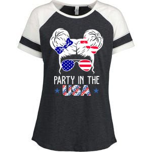 Party In The Usa Hair Bun 4th Of July Enza Ladies Jersey Colorblock Tee