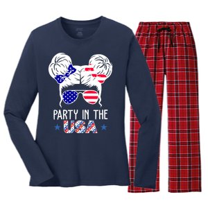 Party In The Usa Hair Bun 4th Of July Women's Long Sleeve Flannel Pajama Set 