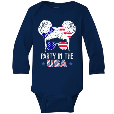 Party In The Usa Hair Bun 4th Of July Baby Long Sleeve Bodysuit