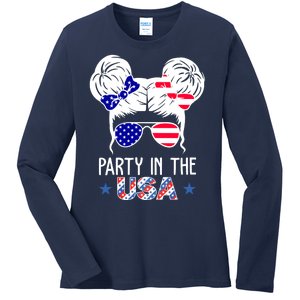 Party In The Usa Hair Bun 4th Of July Ladies Long Sleeve Shirt