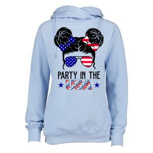 Party In The Usa Hair Bun 4th Of July Womens Funnel Neck Pullover Hood