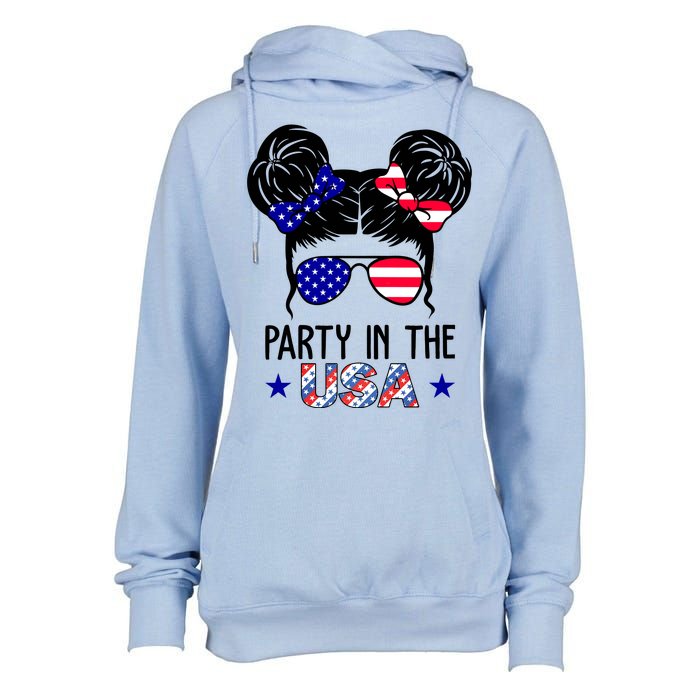 Party In The Usa Hair Bun 4th Of July Womens Funnel Neck Pullover Hood