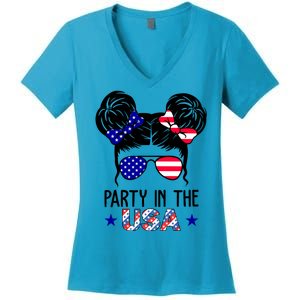 Party In The Usa Hair Bun 4th Of July Women's V-Neck T-Shirt