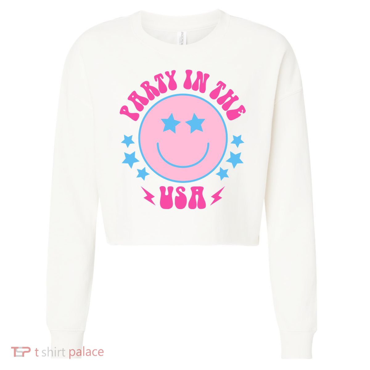 Party In The USA Retro Star Smile Cropped Pullover Crew
