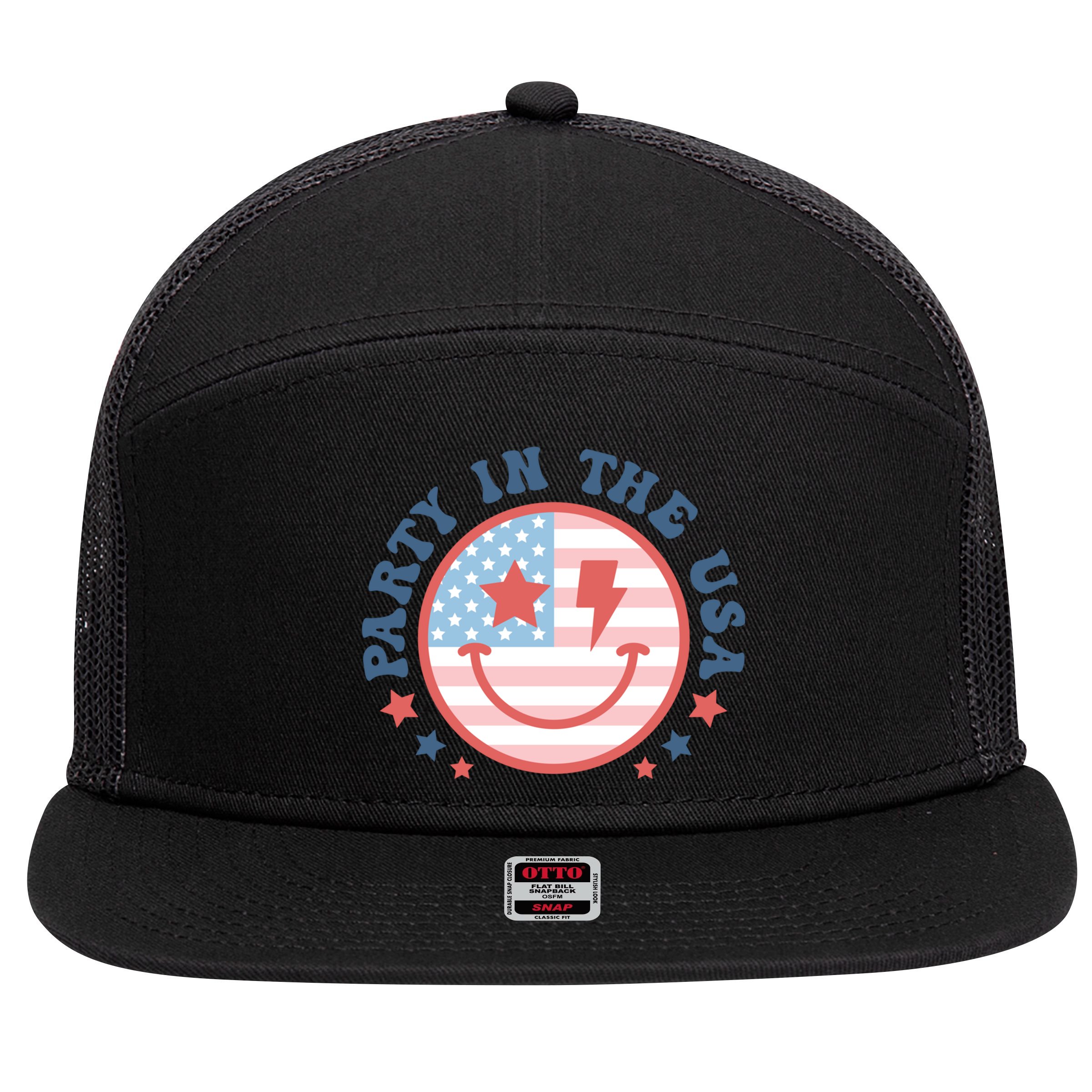 Party In The Usa 4th Of July Preppy Smile Aesthetic Gift 7 Panel Mesh Trucker Snapback Hat