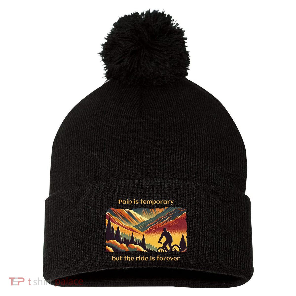 Pain Is Temporary Bikelife Cyclist Biker Mtb .Png Pom Pom 12in Knit Beanie