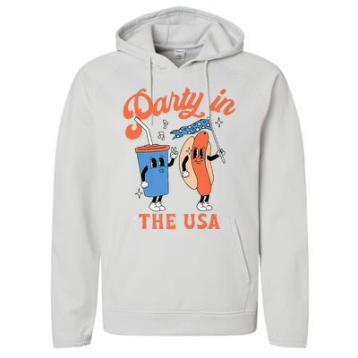 Party In The Usa Hot Dog Love USA Funny 4th Of July Performance Fleece Hoodie