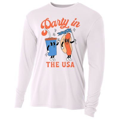 Party In The Usa Hot Dog Love USA Funny 4th Of July Cooling Performance Long Sleeve Crew