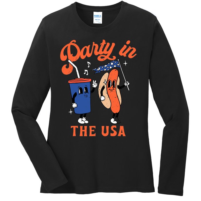 Party In The USA Shirt Hot Dog Lover Usa Funny 4th Of July Ladies Long Sleeve Shirt