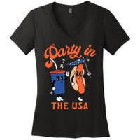 Party In The USA Shirt Hot Dog Lover Usa Funny 4th Of July Women's V-Neck T-Shirt