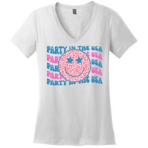 Party In The Usa Retro Smile Groovy Women's V-Neck T-Shirt