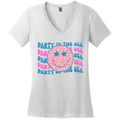 Party In The Usa Retro Smile Groovy Women's V-Neck T-Shirt