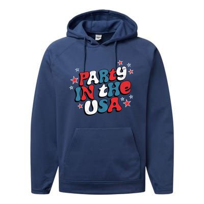 Party In The Usa Retro Patriotic Distressed Gift Performance Fleece Hoodie