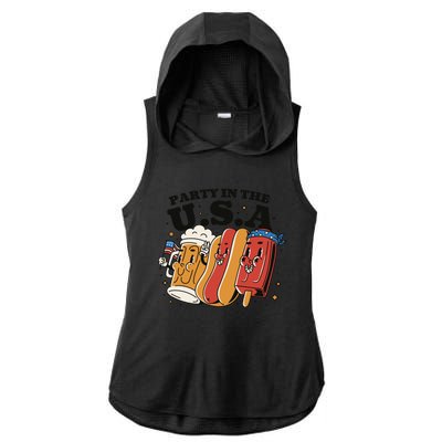 Party In The USA Hot Dog And Beer Funny Ladies PosiCharge Tri-Blend Wicking Draft Hoodie Tank