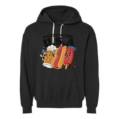 Party In The USA Hot Dog And Beer Funny Garment-Dyed Fleece Hoodie