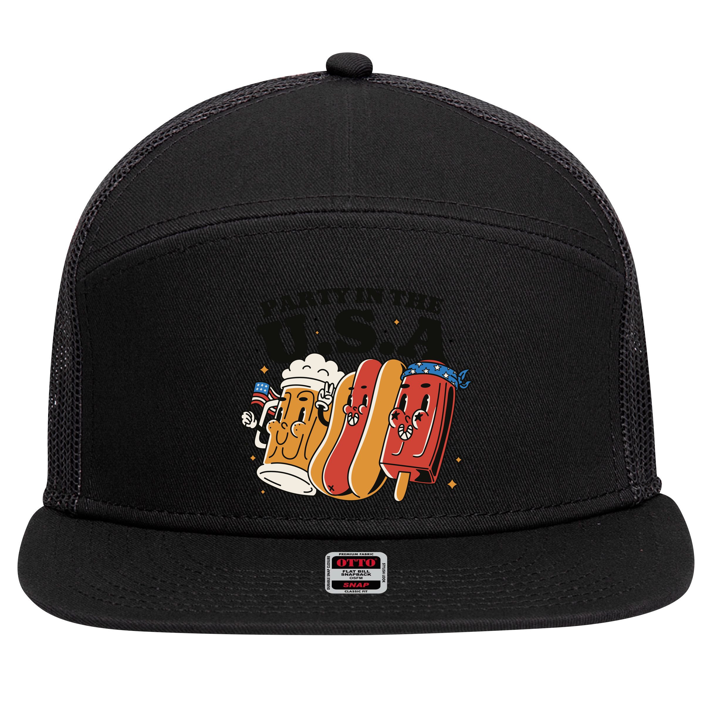 Party In The USA Hot Dog And Beer Funny 7 Panel Mesh Trucker Snapback Hat