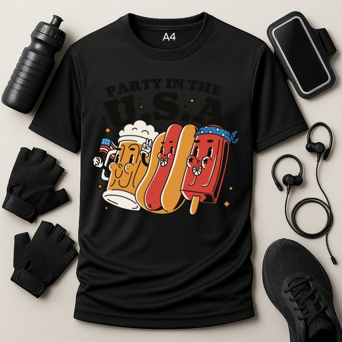 Party In The USA Hot Dog And Beer Funny Cooling Performance Crew T-Shirt