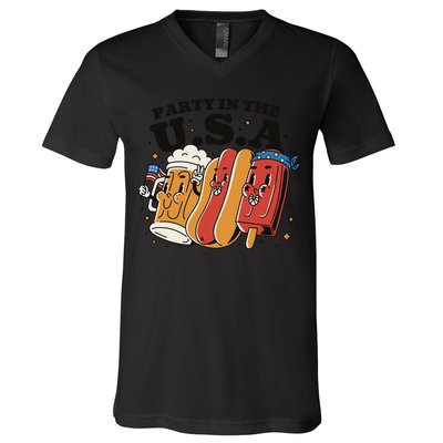 Party In The USA Hot Dog And Beer Funny V-Neck T-Shirt