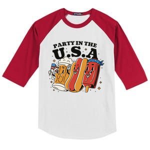 Party In The USA Hot Dog And Beer Funny Kids Colorblock Raglan Jersey