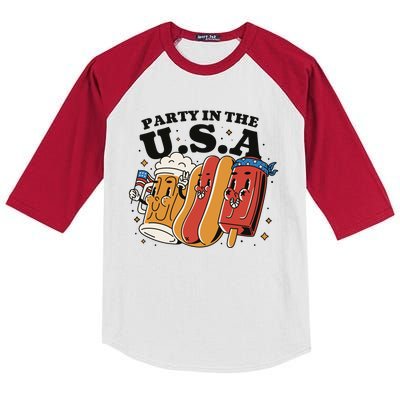 Party In The USA Hot Dog And Beer Funny Kids Colorblock Raglan Jersey