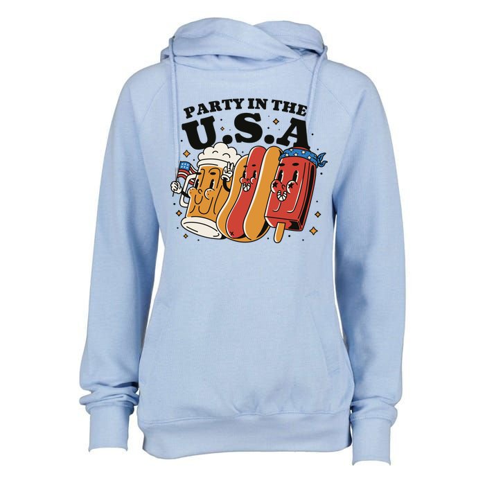 Party In The USA Hot Dog And Beer Funny Womens Funnel Neck Pullover Hood