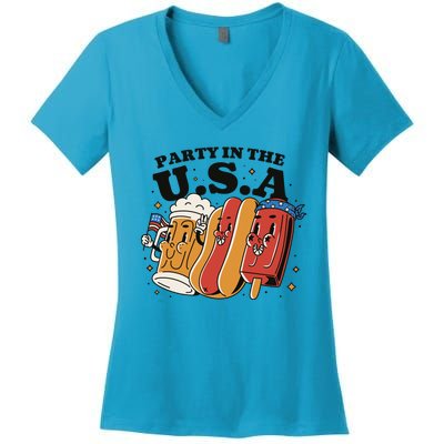 Party In The USA Hot Dog And Beer Funny Women's V-Neck T-Shirt