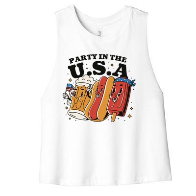 Party In The USA Hot Dog And Beer Funny Women's Racerback Cropped Tank