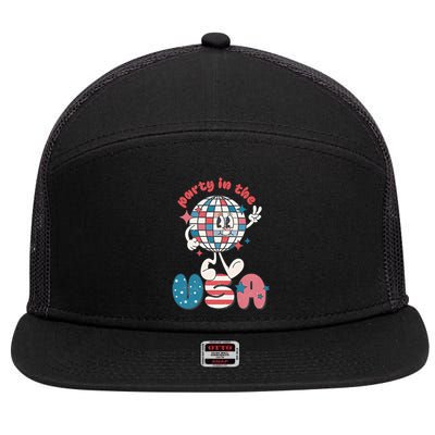 Party In The USA Retro 4th Of July Groovy Patriotic Fourth Of July 7 Panel Mesh Trucker Snapback Hat