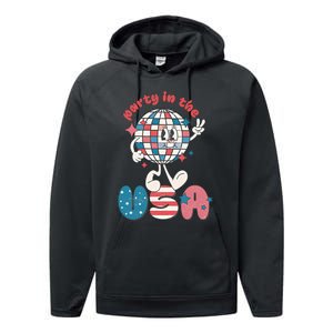 Party In The USA Retro 4th Of July Groovy Patriotic Fourth Of July Performance Fleece Hoodie