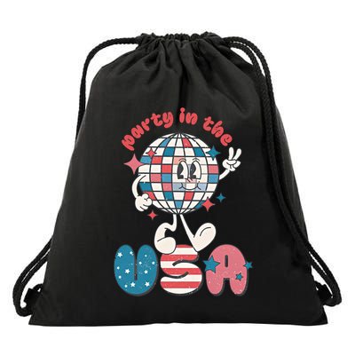 Party In The USA Retro 4th Of July Groovy Patriotic Fourth Of July Drawstring Bag