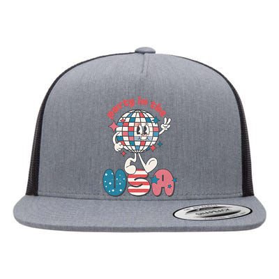 Party In The USA Retro 4th Of July Groovy Patriotic Fourth Of July Flat Bill Trucker Hat