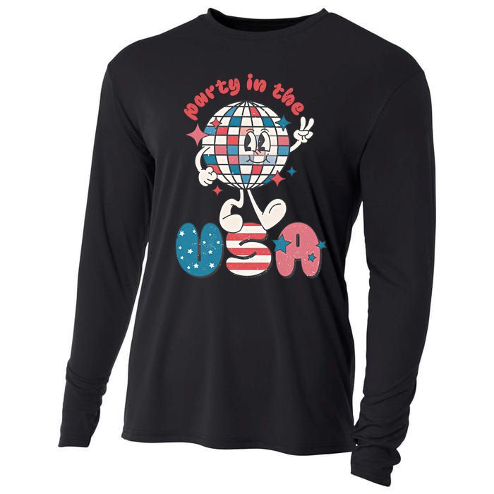 Party In The USA Retro 4th Of July Groovy Patriotic Fourth Of July Cooling Performance Long Sleeve Crew